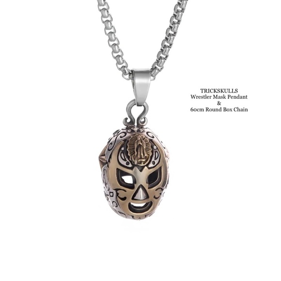 Wrestler Wrestling Mask Silver & Gold Pendant 60cm Stainless Round Box Chain - Picture 8 of 8